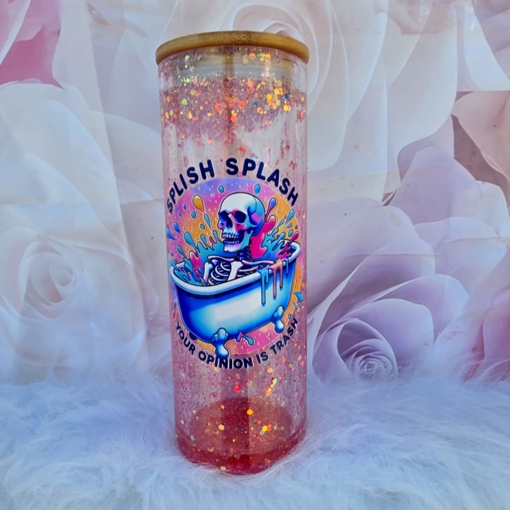Splish Splash Glass Snow Globe Tumbler – 20oz Glitter Cup with Bamboo Lid & Stra